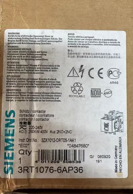 Siemens 3RT1076-6AP36  CONTACTOR  200KW/400V/AC-3 AC(40...60HZ)/DC OPERATION UC 220-240V AUXILIARY CONTACTS 2NO+2NC 3-POLE